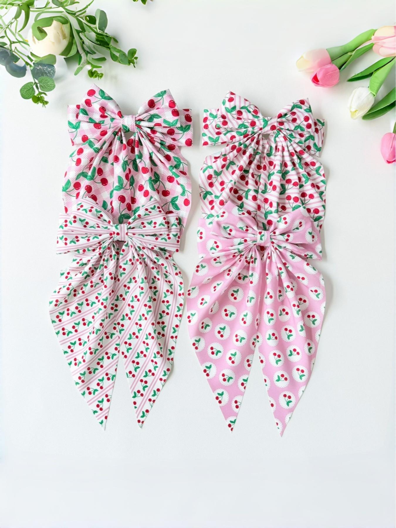 4pcs Women's Cherry Bow Hair Clips, Spring Clips, Fruit Pattern Print, Cute Style, High Elasticity, Non-Slip, Daily Wear, Photo Props