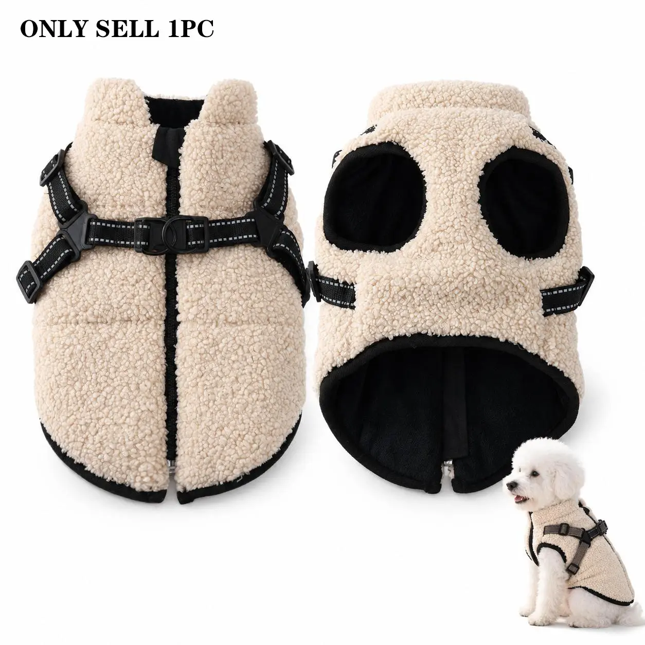 Winter Dog Coat with Straps, Warm Puppy Coat, Warm Fleece Vest with Adjustable Reflective Shoulder Straps, Zipper Pet Jacket for Small Medium Dogs, Cold Weather Wear