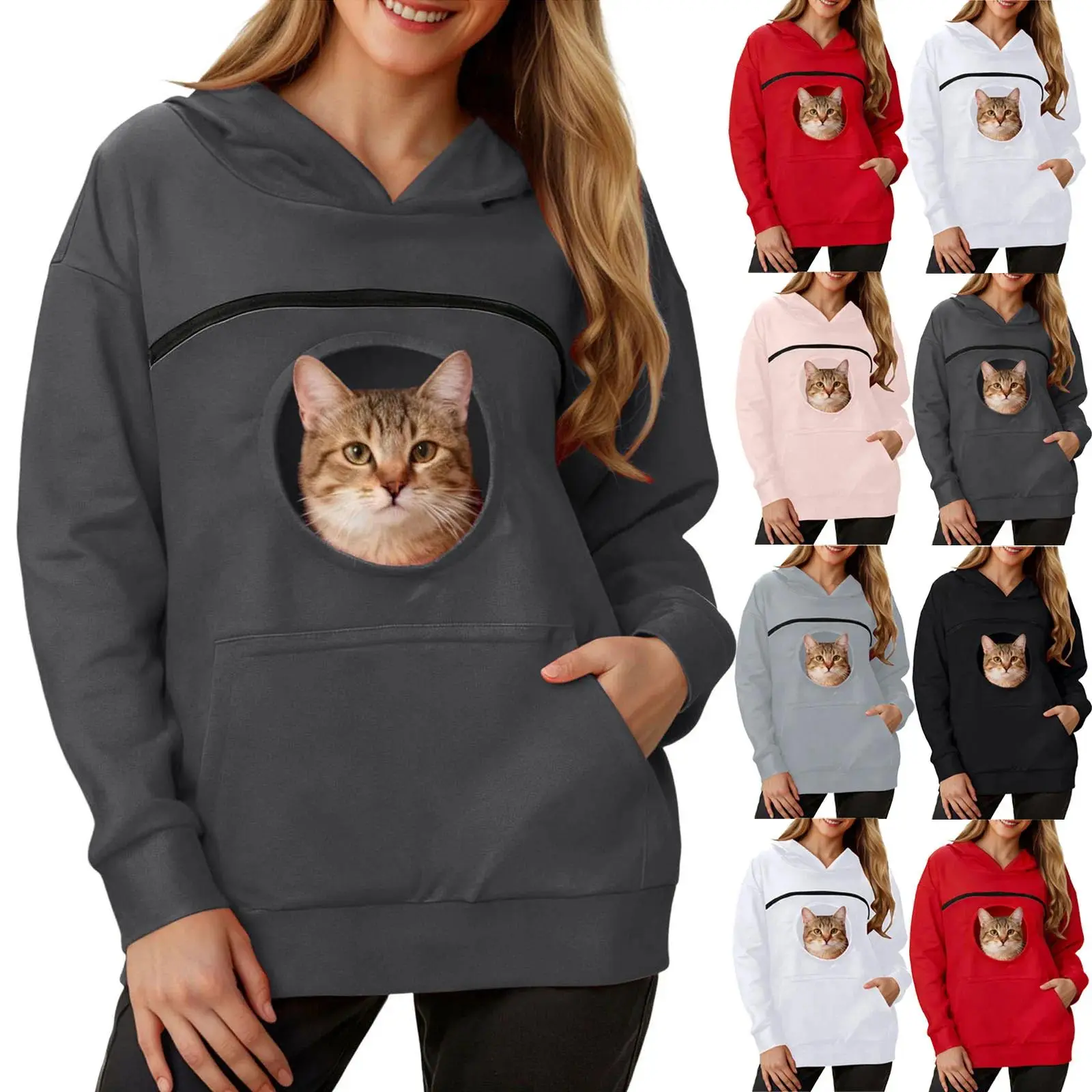 Women's Hoodies With Pet Bag Solid Color Hooded Pullovers Pet Cat & Dog Pocket Holder Tops Casual Sports Sweatshirts Loose Top