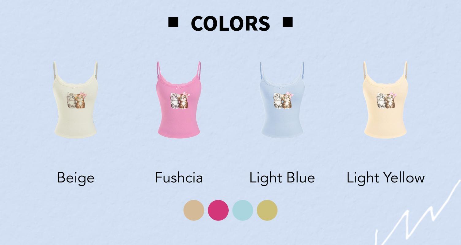 Cider Pointelle Cat Graphic U-neckline Lace Trim Bowknot Cami Top
