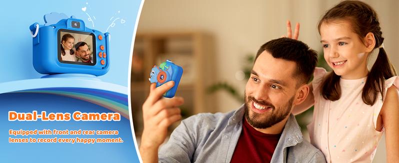 KOKODI Dinosaur Fun Camera Toy for Kids 1080P Dual Camera 32GB SD Card Selfie Photos Puzzle Games MP3 Music Player with 28 Cartoon Stickers & 6 Filters Ideal Christmas Birthday Gift Protective