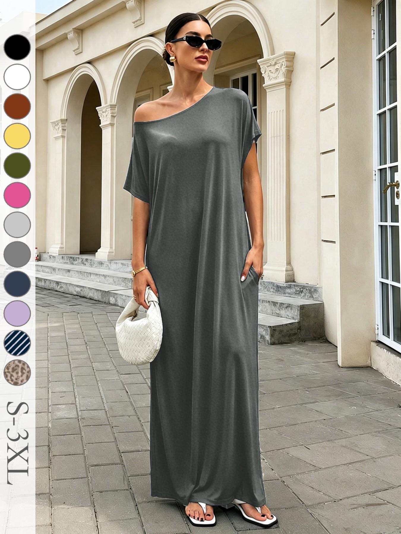 Women's Casual Boho Chic Loose Long T-Shirt Dress, Striped Short Sleeve One-Shoulder Sleepwear with Pockets, Comfortable Fit for Daily, Beach and Vacation Wear Boho Fashion