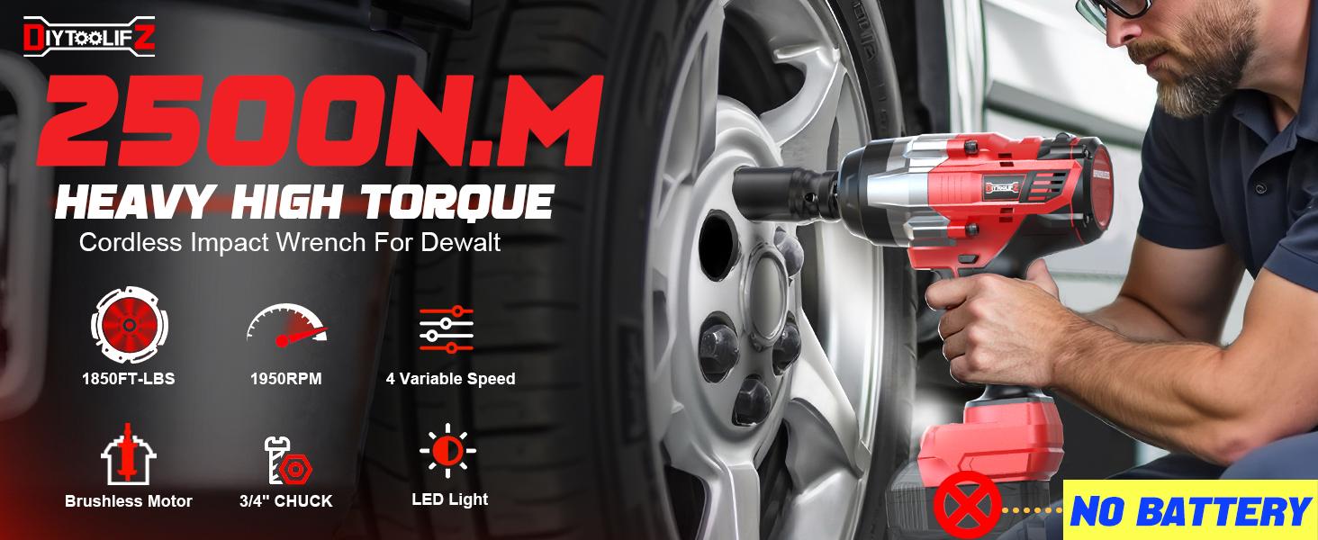 1850Ft-lbs (2500N.m)-3/4"Impact Wrench Compatible with Milwaukee 18V Battery (NO Battery!!!), Brushless Impact Gun 4-Speed with Auto-Stop Reverse for Car/Truck