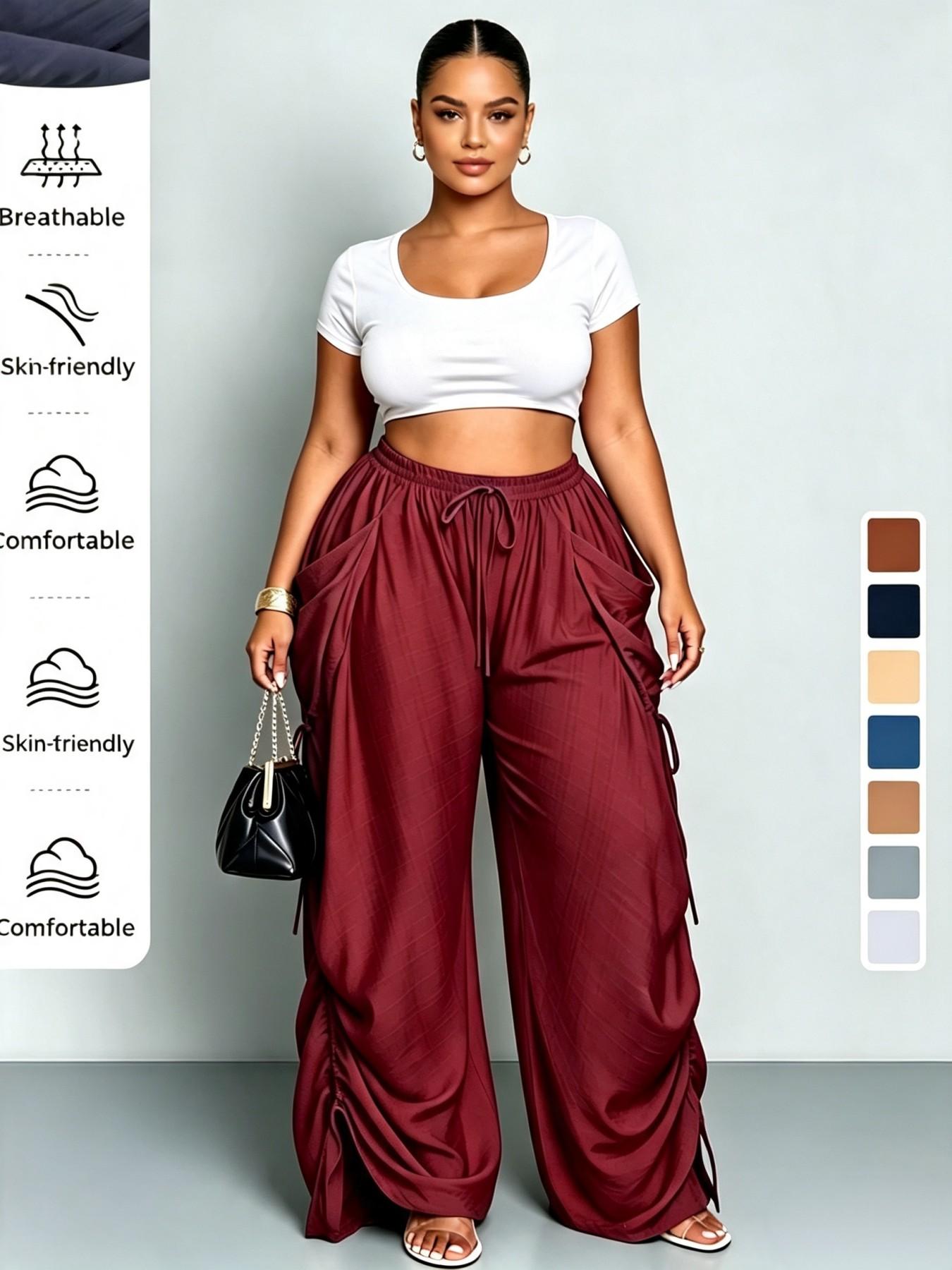 High-Waisted Drawstring Straight-Leg Pants for Women, Casual Comfortable Home Wear, Spring & Fall Fashion, Plain Pattern, Multiple Colors Available