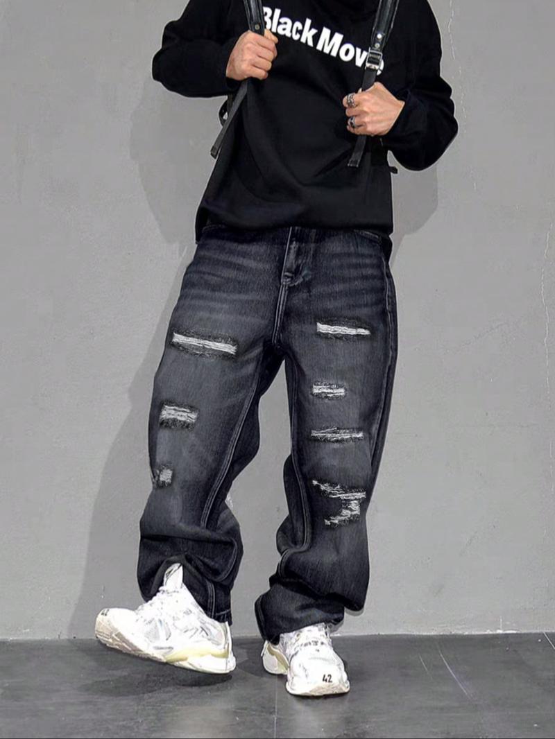 Men's High Street Style Ripped Wide Leg Jeans, Trendy Loose Fit Straight Pants, Casual Fashion for All Seasons