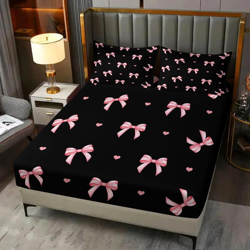 3-piece Bedding Set Features A Black Background With Pink Bow And Heart Prints, Including A Fitted Sheet And Two Unfilled Pillowcases. The Design Blends Two Elements, Creating A Romantic And Sweet Yet Cool Bedroom Décor, Gift Choice, Bed Sheet Sets