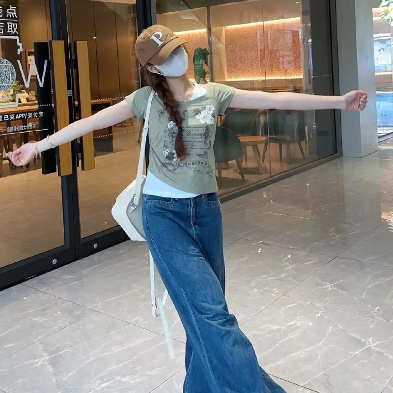 Subculture Woman Clothing Y2K Punk T-shirts American Vintage Sweet Sexy Short Female Clothing Green Summer Casual Popular Tops