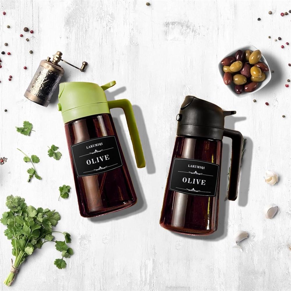 Two-in-one glass oil distributor and sprayer - 16-ounce leak-proof olive oil spray bottle, suitable for cooking, air fryers, grilling, baking and salad making, brown bottle