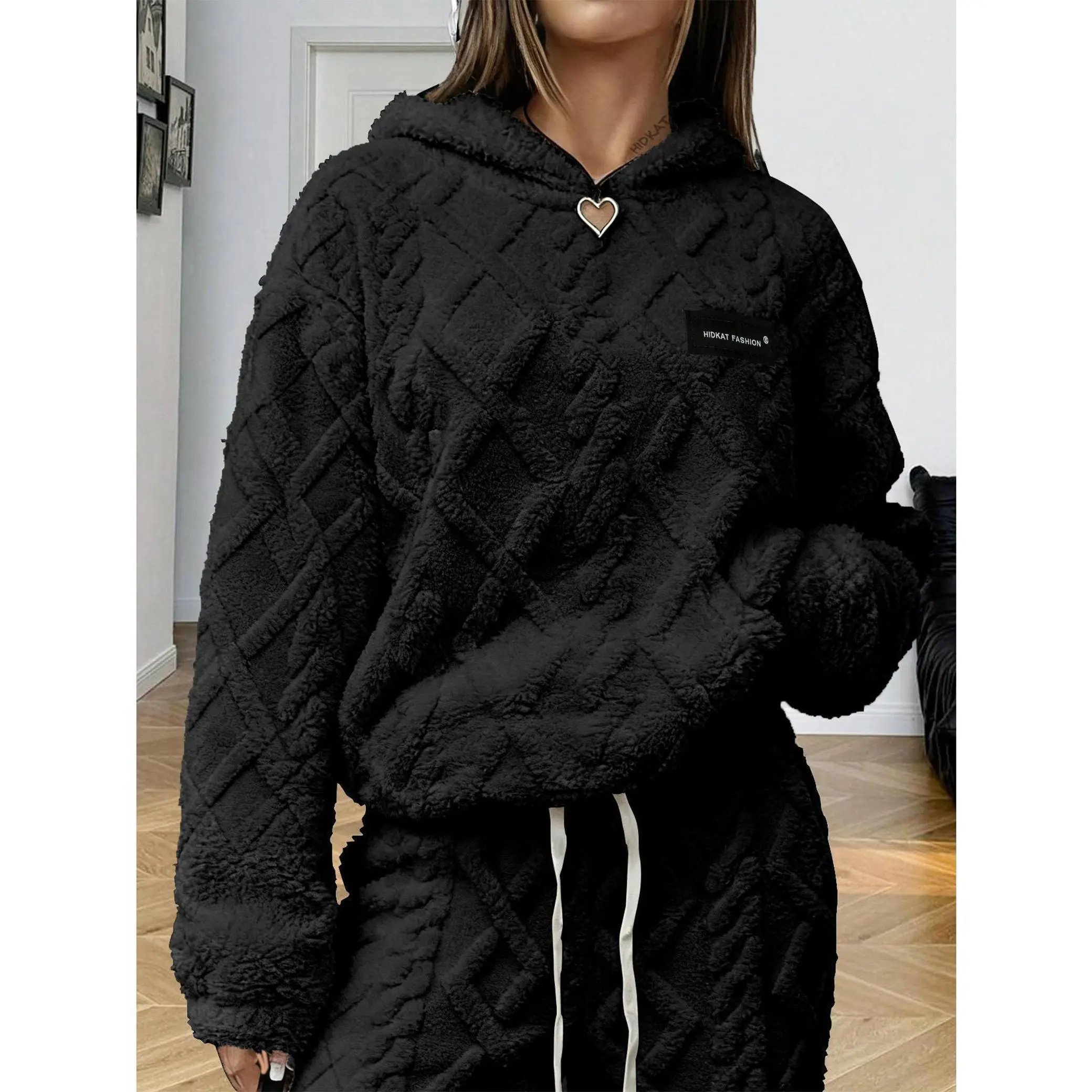 Women's Fluffy Thermal Sweatshirt - Thick Jacquard Diamond Pattern, Long Sleeve Loose Soft Minimalist Coral Top with Hood, Comfortable Fit for Home Leisure & Light Outdoor Shopping