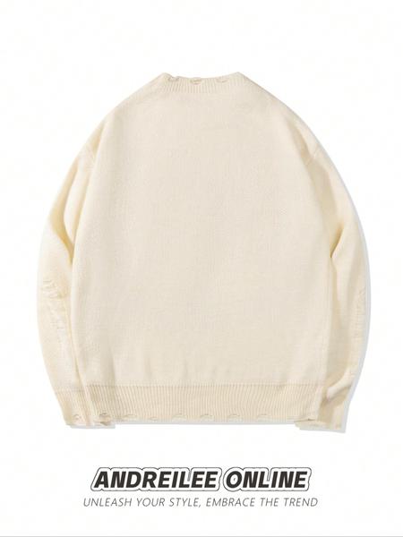 Men's Street Style Long Sleeve Crewneck Sweater, French Oil Painting Print, Raw Hem Design, Casual Loose Fit Knitwear for Spring & Fall