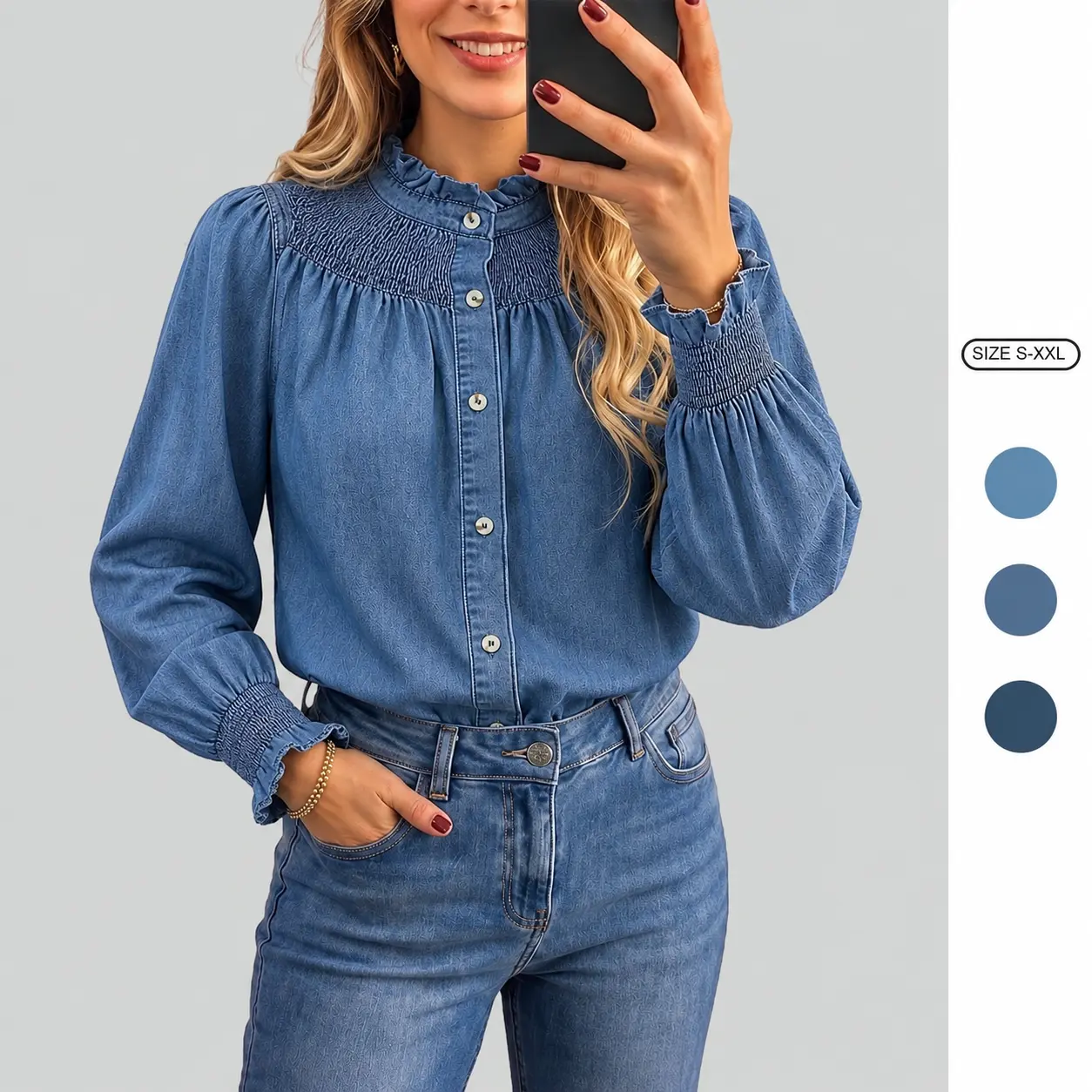 Women's Denim Blouse - Smocked Ruffle Neck & Cuff Elegant High-Quality Button Down Shirt Long Sleeve Denim Top