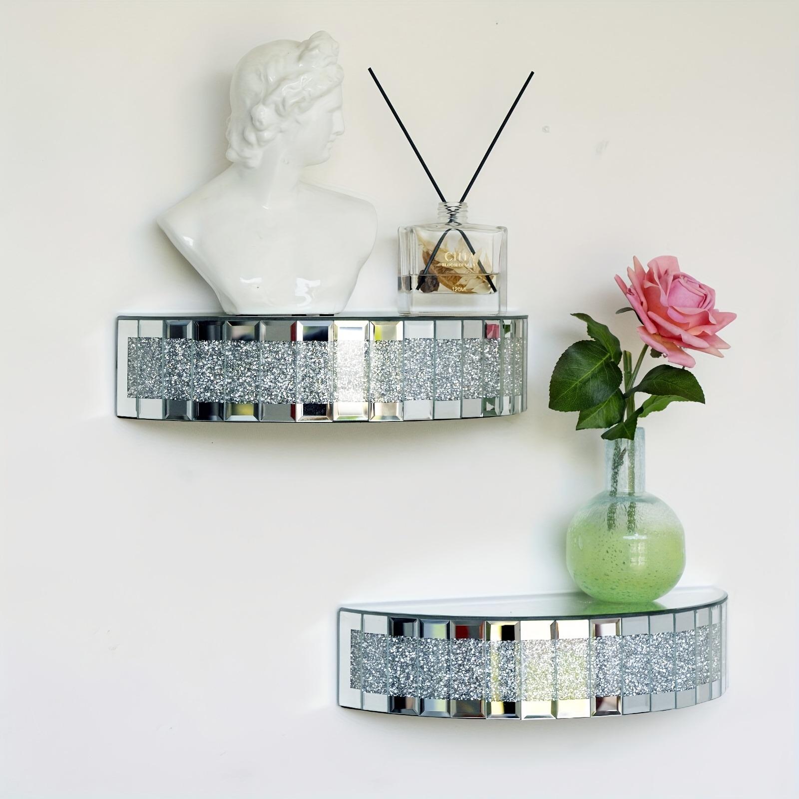 1Pc Semicircular Mirrored Floating Shelves for Wall Decor Storage, Glamorous Crystal Crush Diamond Decorative Wall Shelf, Glitter Glass Wall Mounted Shelves for Bedroom, Living Room, Bathroom, Kitchen, Office and More,  Silver