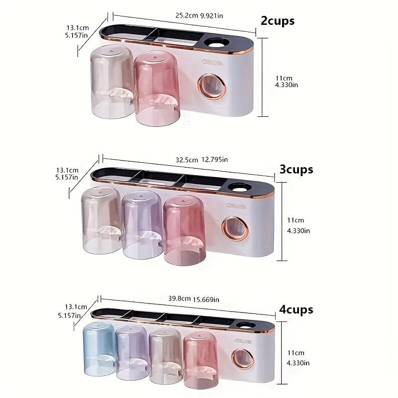 1 Wall-mounted Toothbrush Holder Set with Mouthwash Cup, No Need to Punch Holes, Automatic Toothpaste Dispenser, Wall-mounted Toothbrush Storage Rack, Bathroom Accessories, Plastic for Toothbrush, Toothpaste Tube and Mouthwash Cup