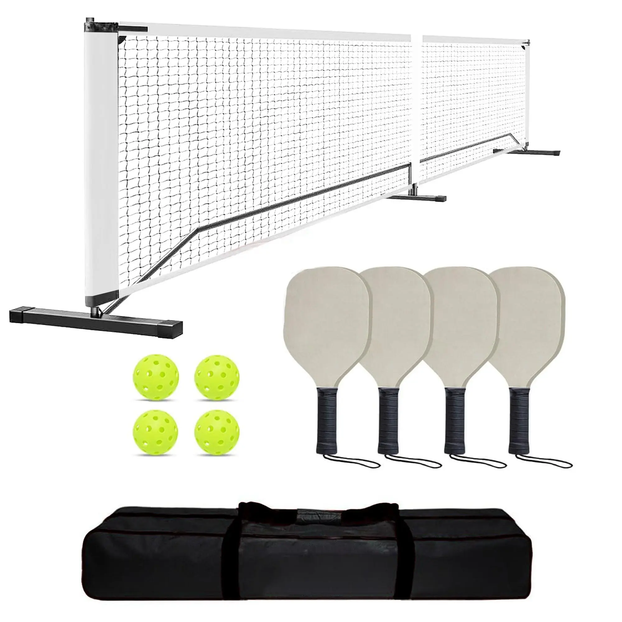 Pickleball Net for Driveway,Portable Regulation Pickleball Net with Metal Frame, 4 Paddles, 4 Outdoor Pickleballs, Carry Bag