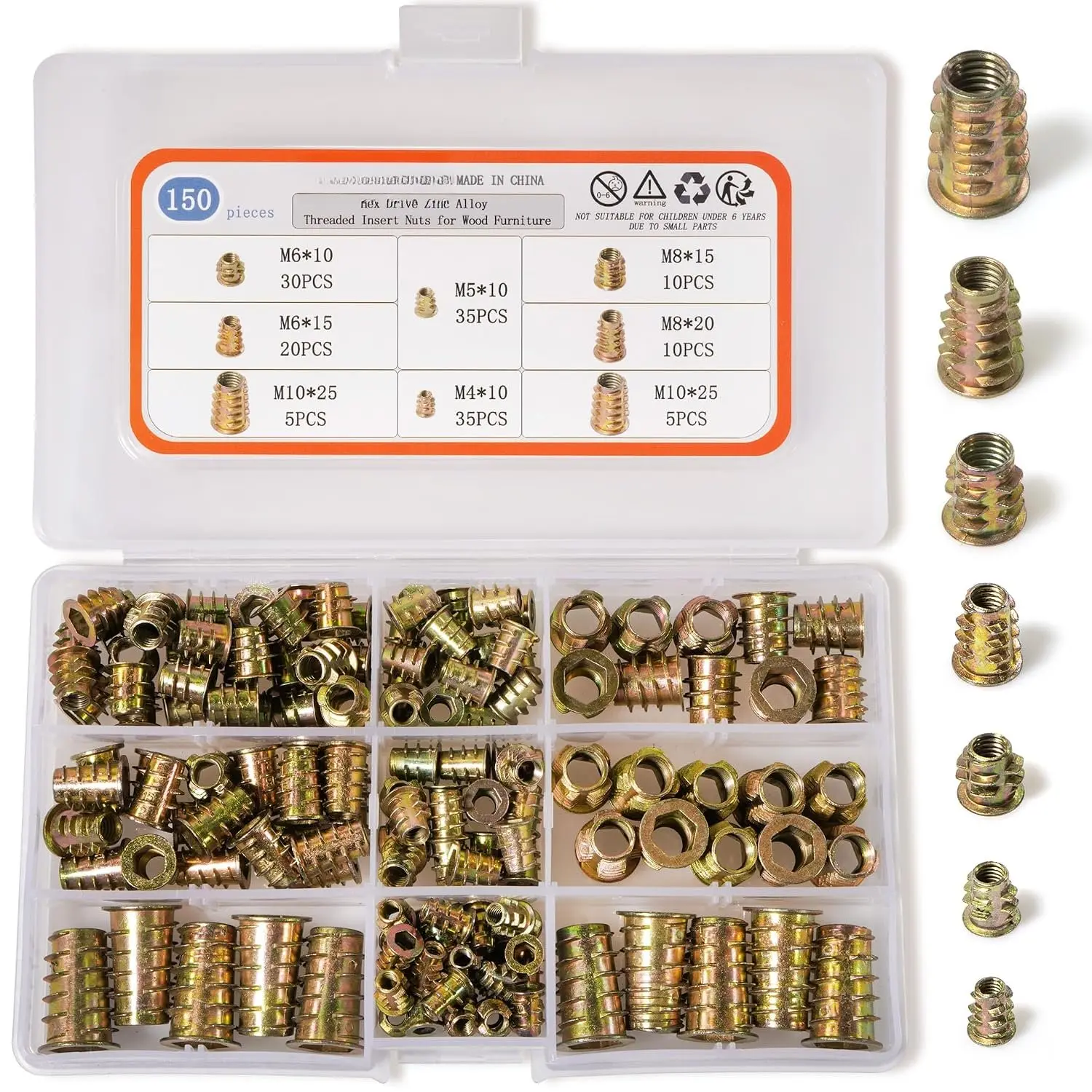 Threaded Inserts for , 150 count Zinc Alloy Thread Insert Nuts  kit for Softwood, Hex Socket Flanged Threaded  Inserts M4 M5 M6 M8 M10 Screw Insert for Wooden Forniture
