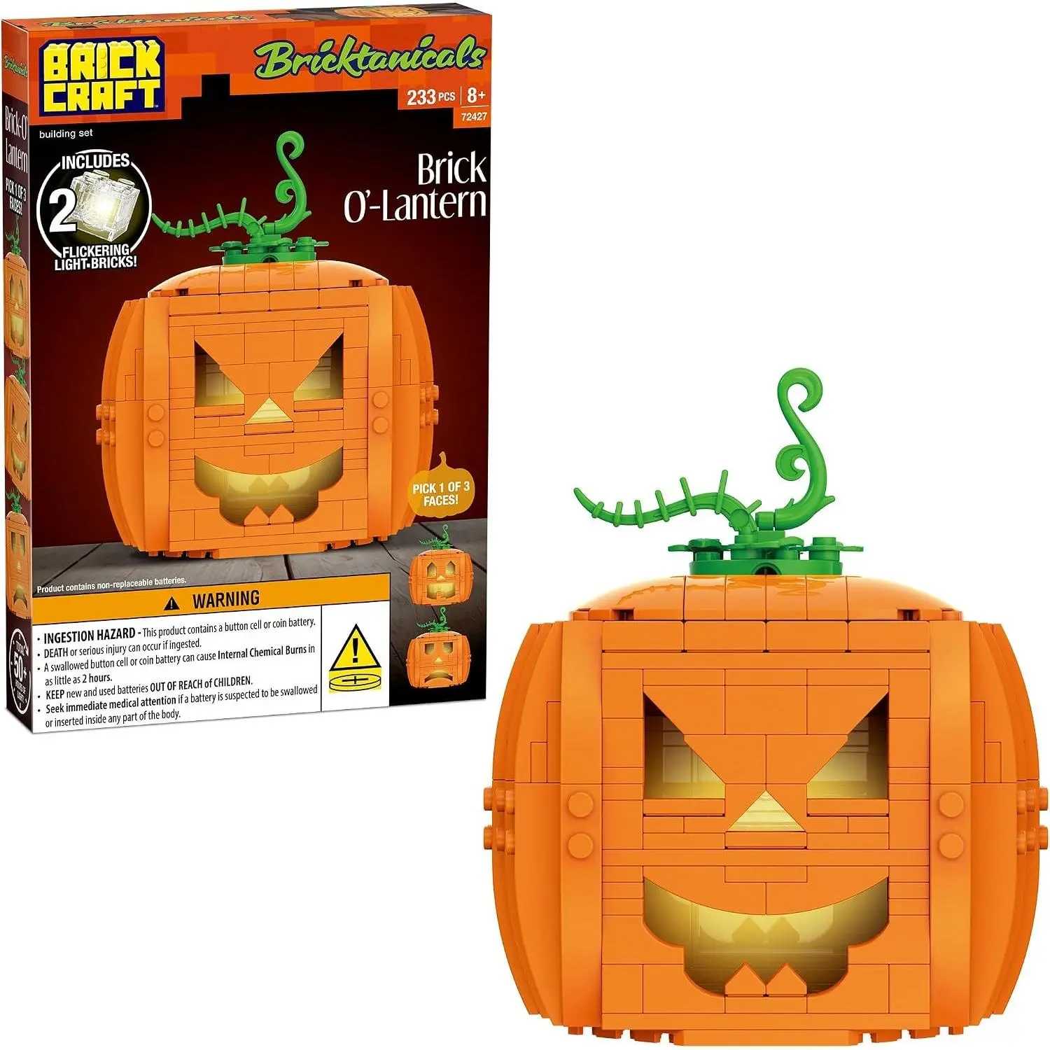Brick O’-Lantern Building Kit, 233 Pieces | Halloween Pumpkin Decoration with 3 Interchangeable Faces & 2 Flickering Light Bricks | DIY Fall & Thanksgiving Jack-O’-Lantern Gift, Ages 8+