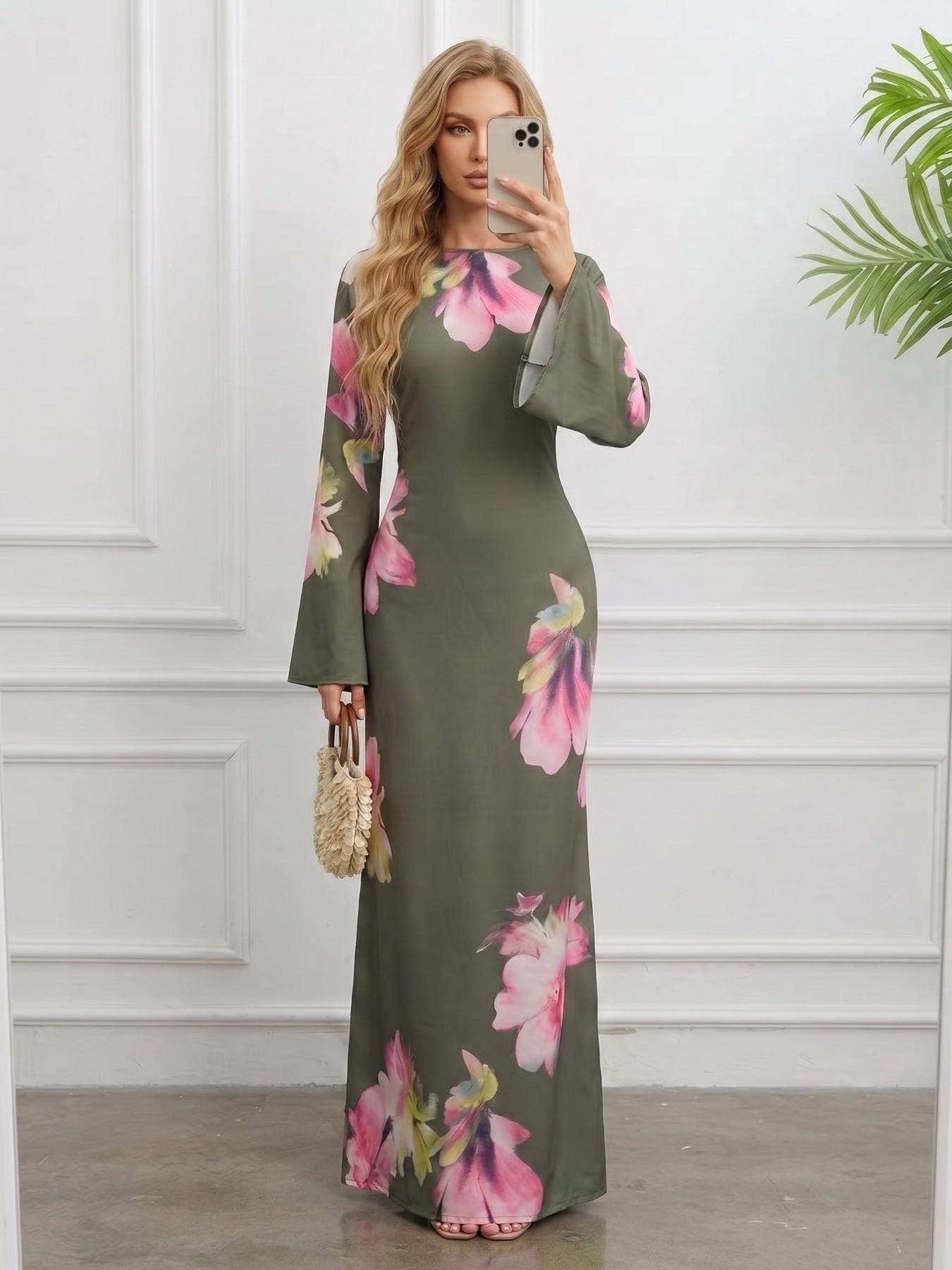 New Women's Elegant Loose-Fit Long Dress, Modest Muslim Clothing, Multi-Color Choice, Bell Sleeve, All Over Floral Print, Casual Daily Wear, Vacation Dress