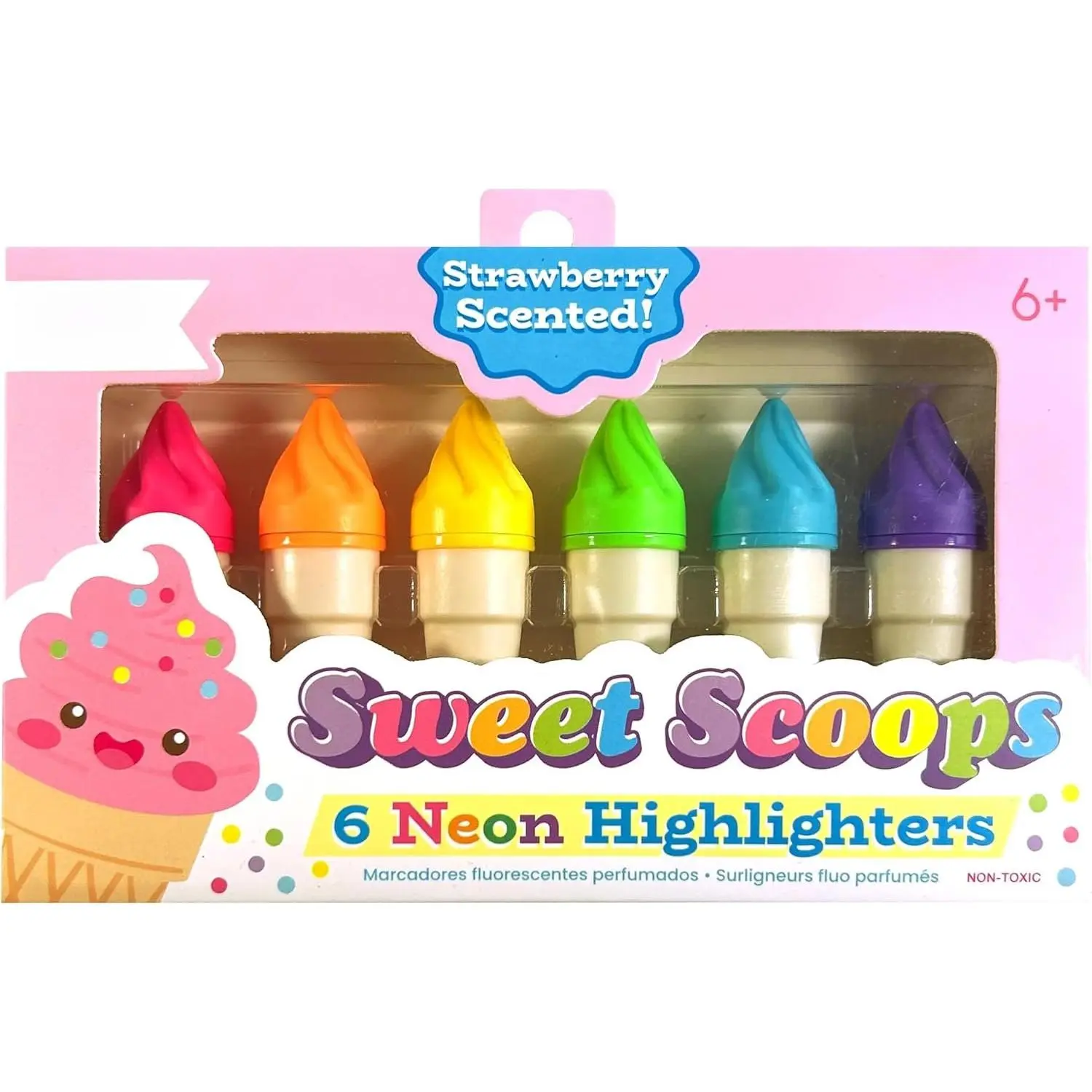 Sweet Scoops Scented Highlighters for , Set of 6 | Ages 3+, Easy-Grip Mini Ice Cream-Shaped Neon Markers, Strawberry Scented, Cute School Supplies for