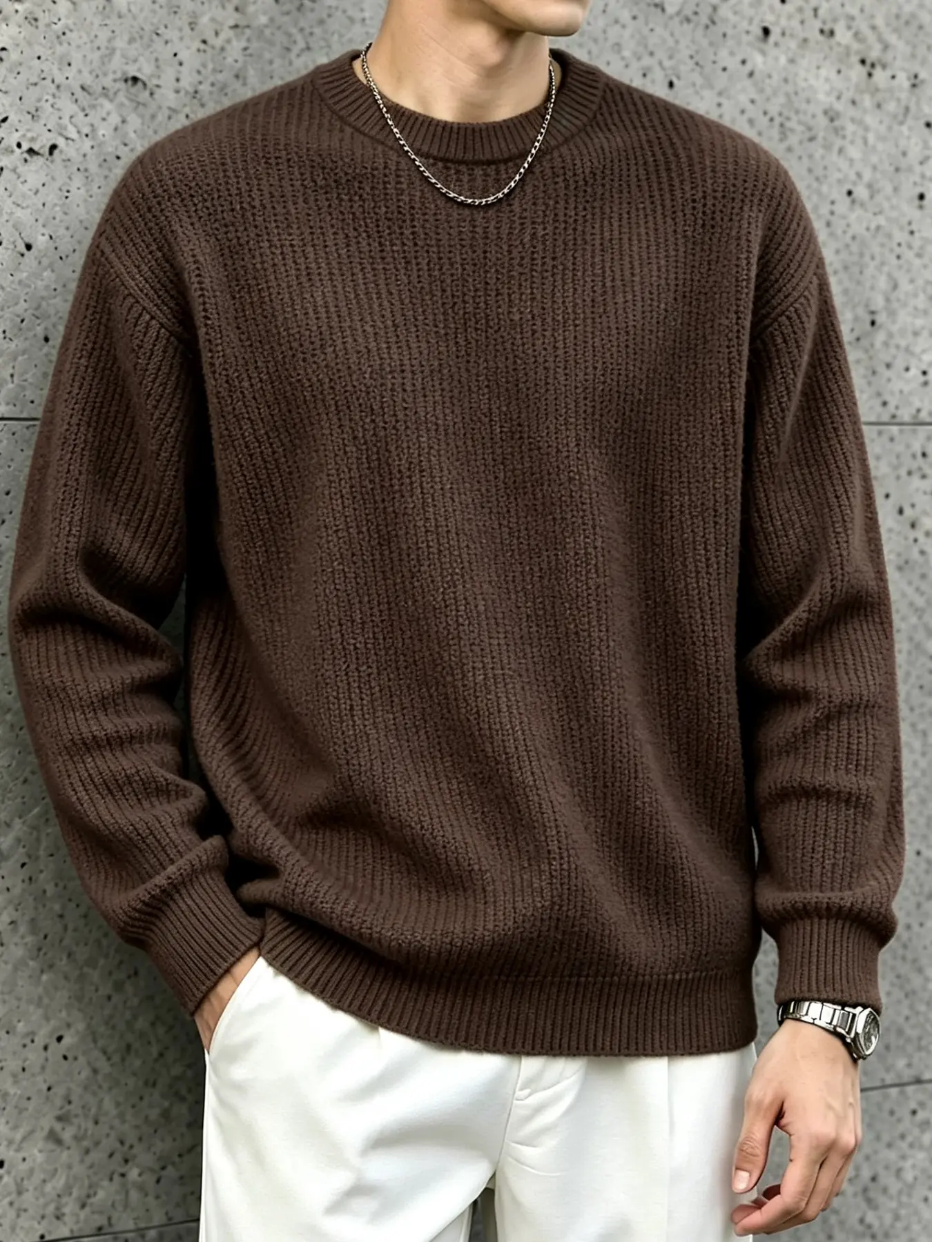 Men's Spring Autumn Knitwear Sweater Long Sleeve Ribbed Loose Fit Sweater T-Shirt New Men's Crew Neck Knit Pullover Casual Fashion Sweatshirt Round Neck