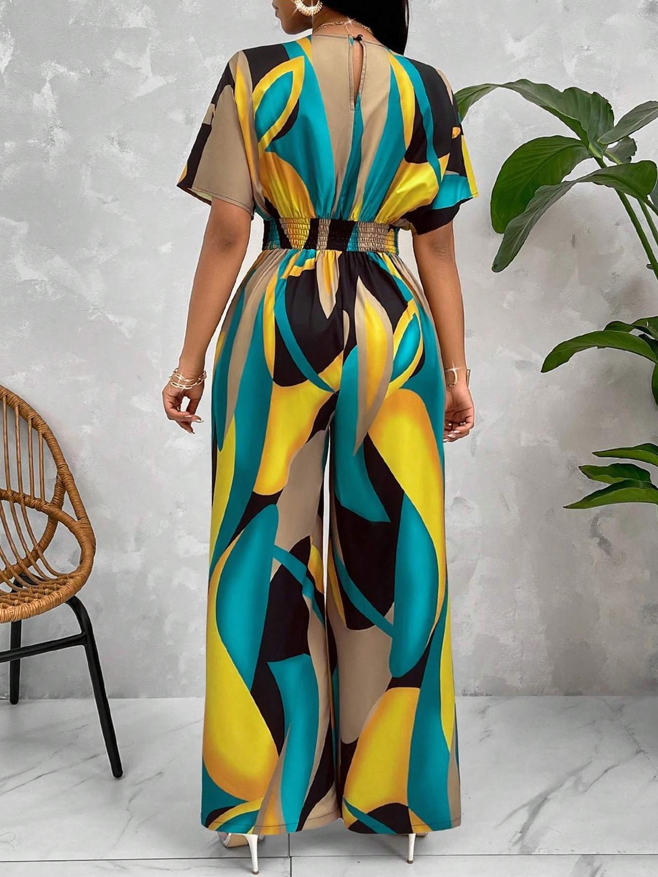 Women's Batwing Sleeve Waist Cinched Jumpsuit V Neck Colorblock Print Wide Leg Non-Elastic Casual Vacation Wear, Summer Fashion Smooth Fabric