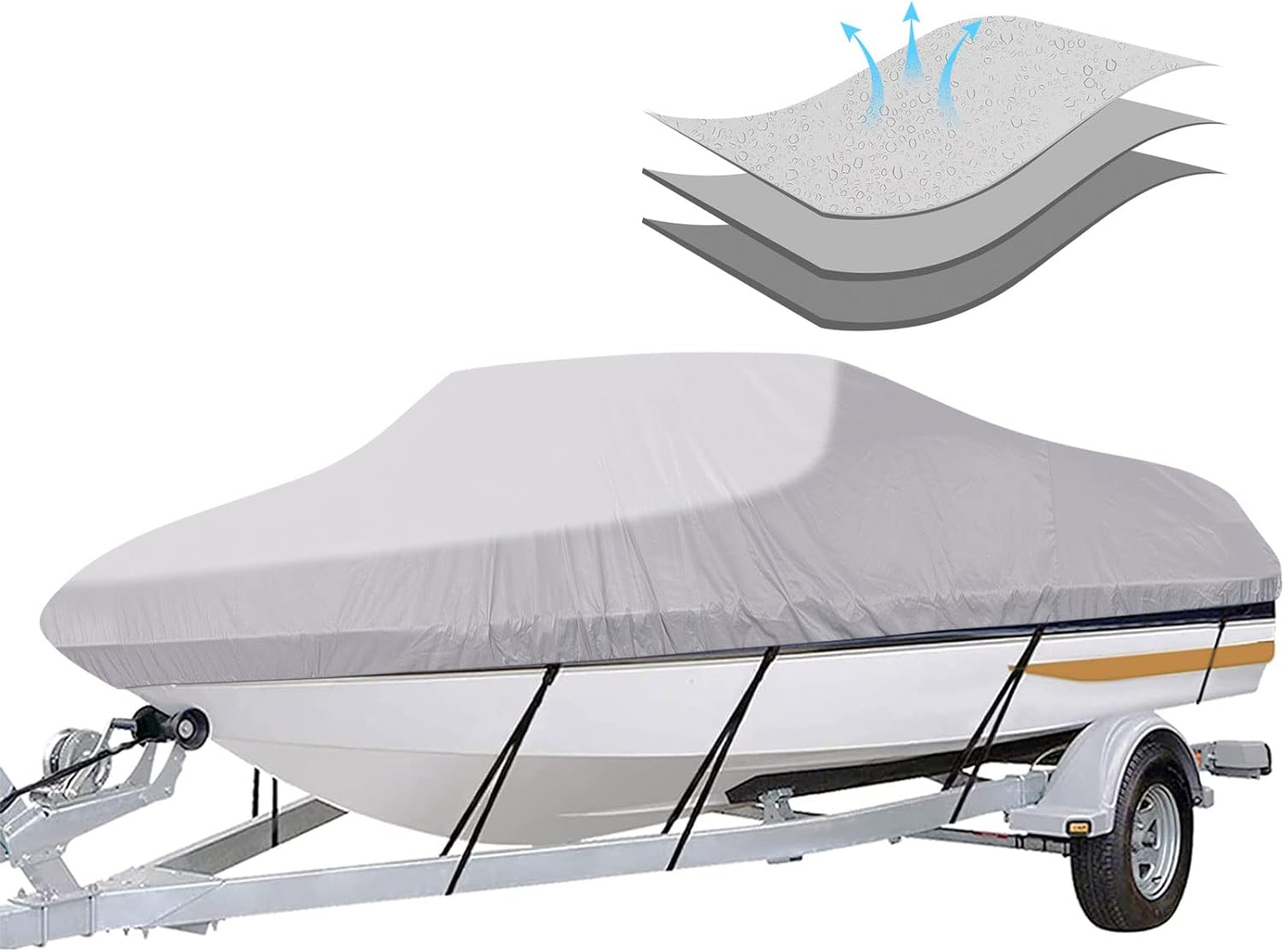 Trailerable PVC Coated Boat Cover - 16'-18.5' Heavy Duty Waterproof Tarp with Storage Bag, Fits V-Hull, Fish&Ski, Runabout (Up to 18.5ft L x 94in W), UV Resistant for Mooring, Trailering, Boat Storage, Pvc Coating