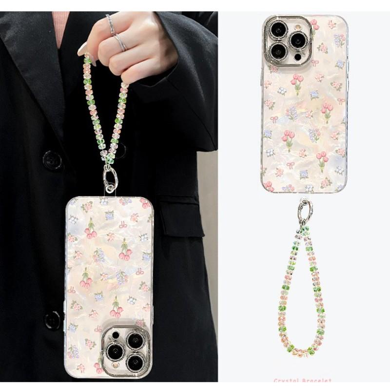 Cute Floral Phone Case with Wrist Strap for iPhone 17 /Pro Max, Acrylic Aesthetic Shockproof Cover with Bling Camera Lens Protector, Clear Glitter Flower Case for Women Girls