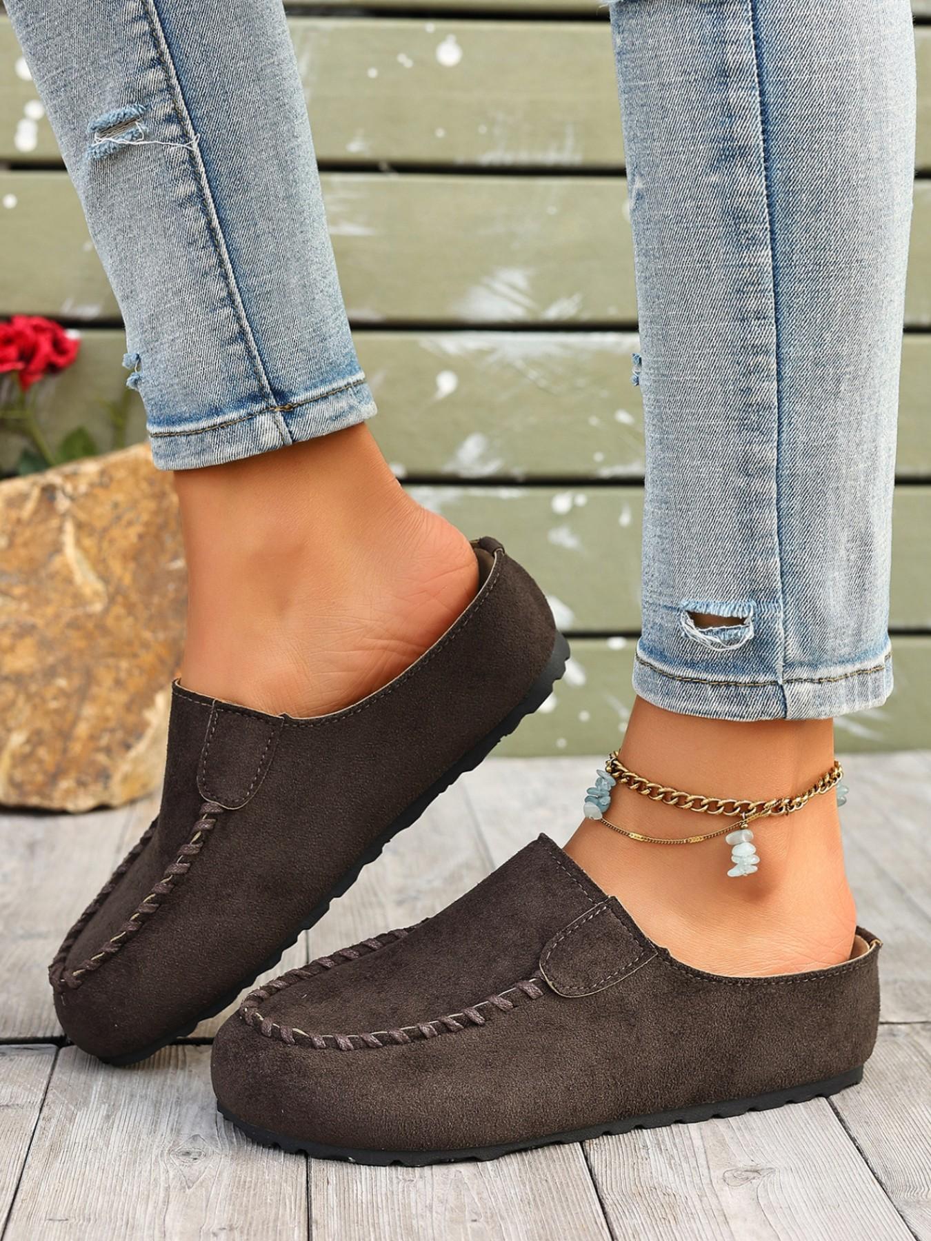 Women Faux Suede Slip On Mule Flats Hand Stitched Trim Closed Toe Backless Loafers Casual Walking Slide Shoes Casual Mules