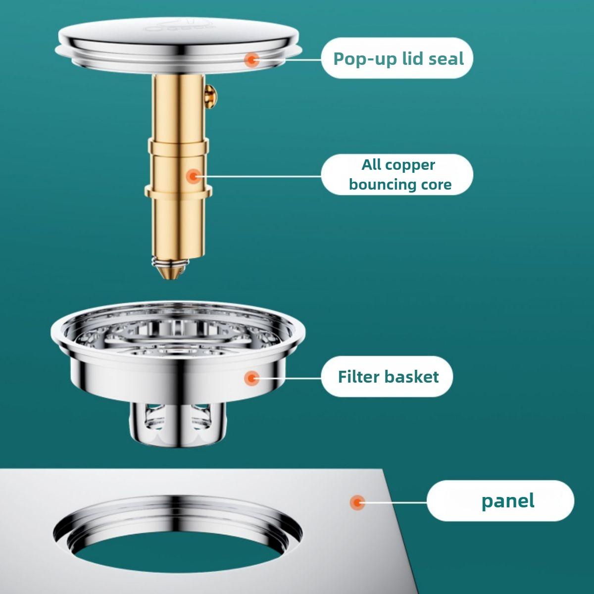 Full Copper Body Pop-Up Drain, High-Density Anti-Odor Design, Efficient Ventilation & Leak-Proof Construction, Universal Fit for Bathroom Use