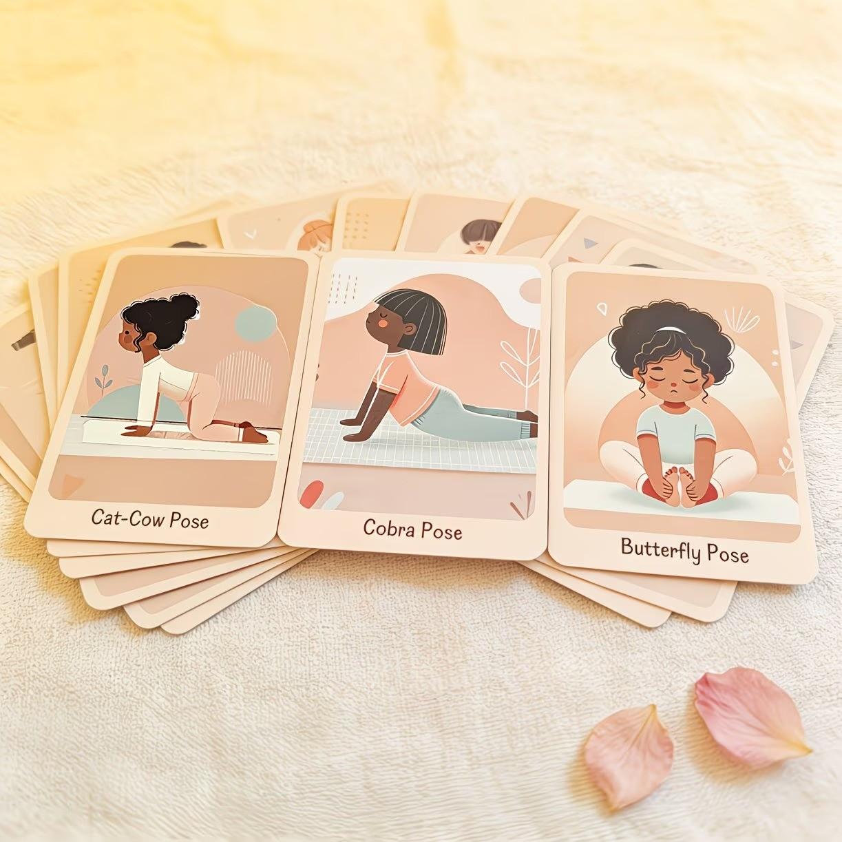 24 Yoga Pose Cards, Fun Cartoon Yoga Flashcards, Rounded Corners, Colorful Print, Ideal for Yoga Classes, Home Education, School