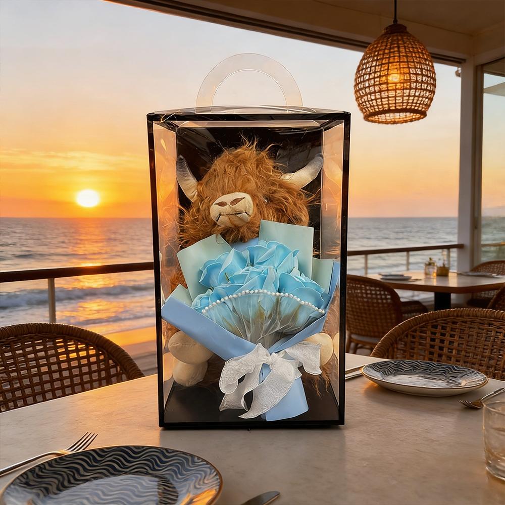 Highland Cow Plush Doll with Everlasting Realistic Flower Bouquet, Perfect Decorative Plush Doll, Valentine's Day Gift, Mother's Day Gift, Best Gift for Grandma