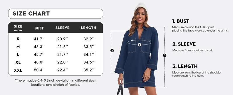 FMEYOA Womens Denim Shirt Dress Long Sleeve V Neck Loose Casual Jean Mini Dress with Pockets