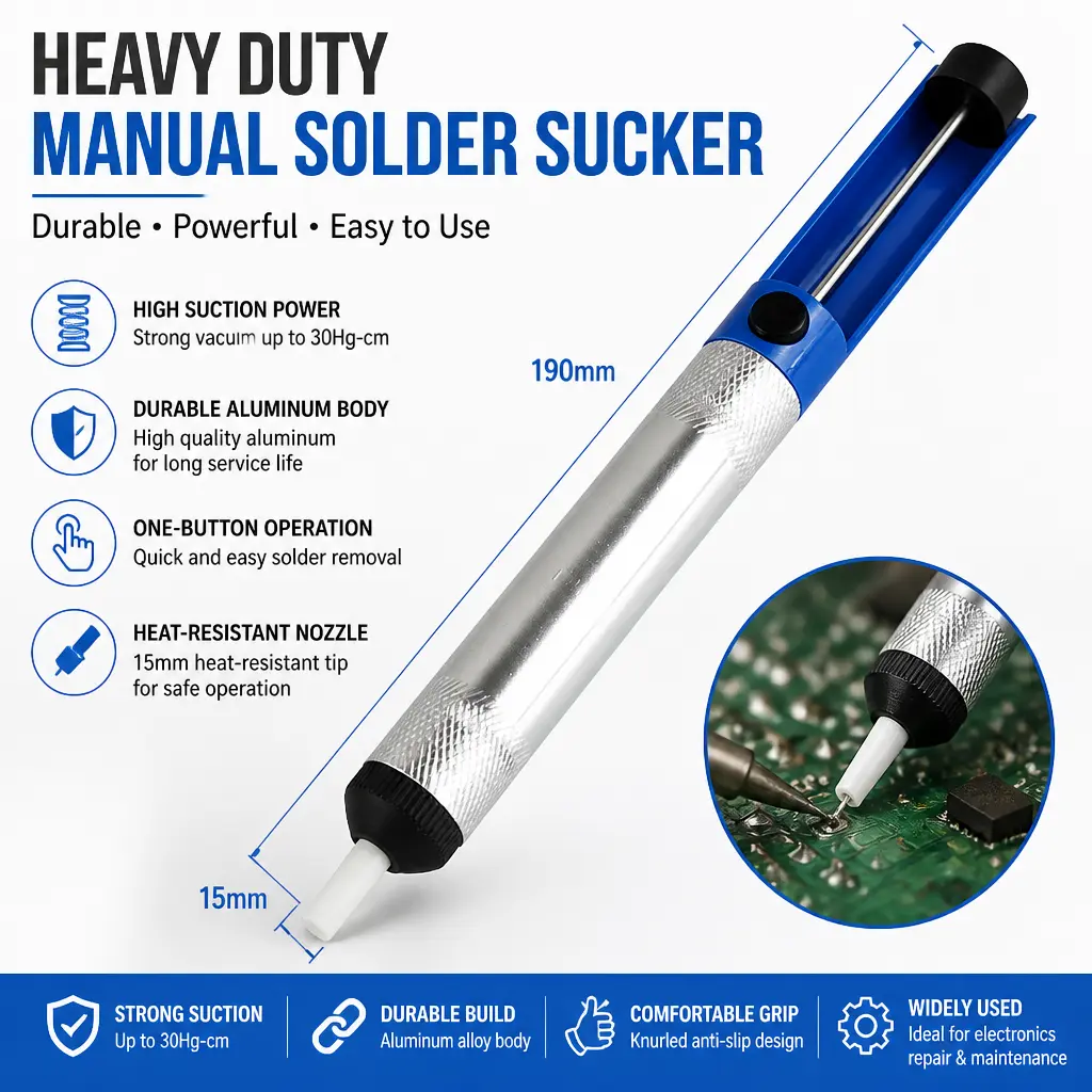190mm Manual Solder Sucker, Half‑Aluminum Alloy Desoldering Tool for Electronics Soldering & Desoldering Projects