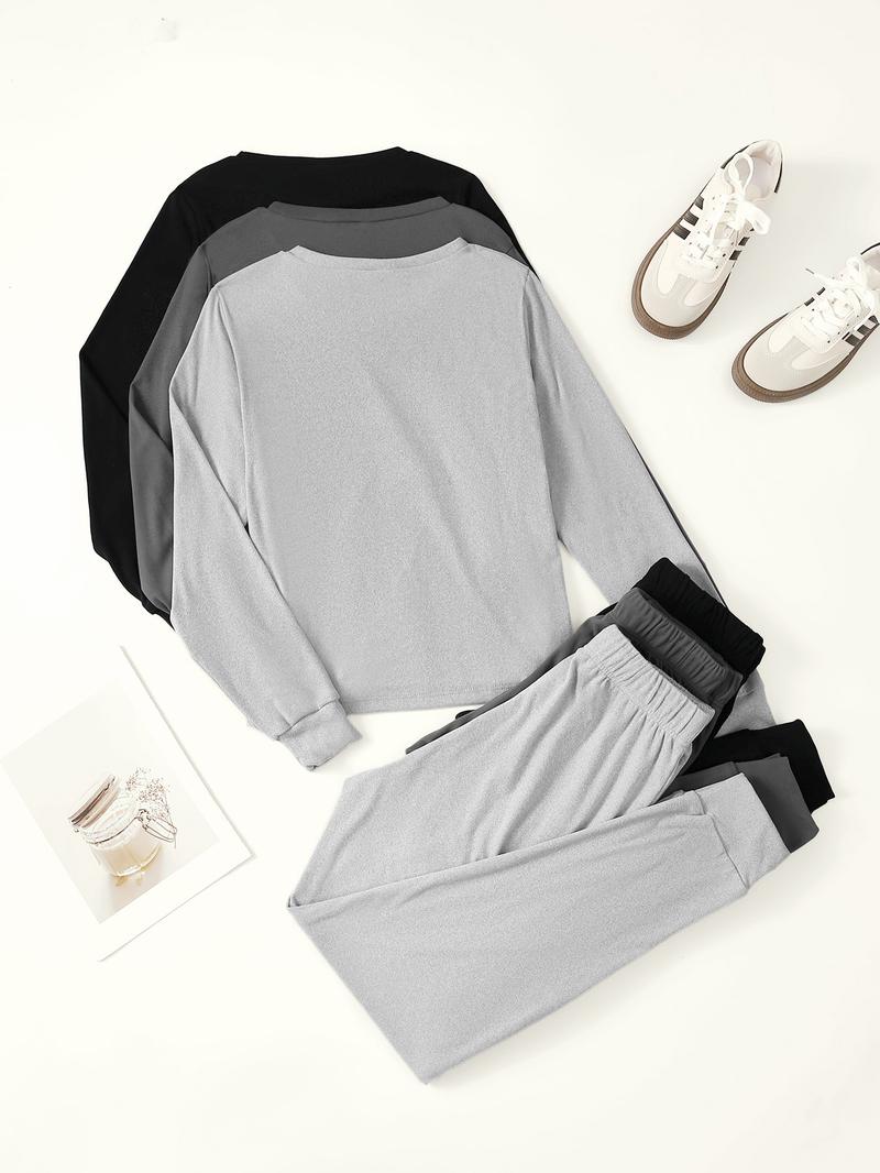 Women's Solid Color Long Sleeve Tee & Tie Front Elastic Waist Pants Loungewear Set, Casual Comfy Round Neck Top & Trousers PJ Set, Ladies Sleepwear for Spring & Fall