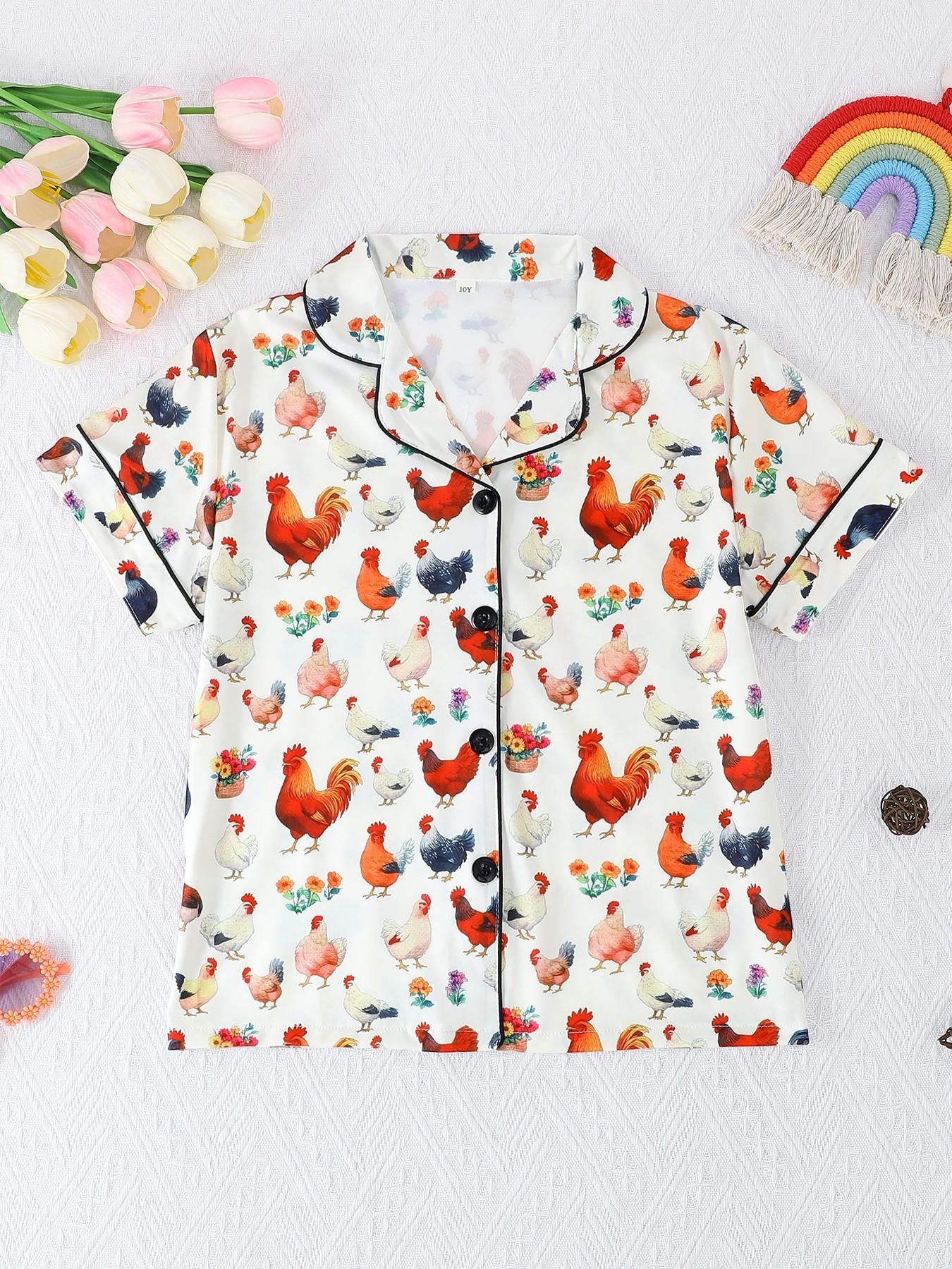 Sleepwear Sets, Cute Rooster Cartoon Pattern, Fashionable Button-Down Design, Short Sleeves & Shorts, All Seasons Wear