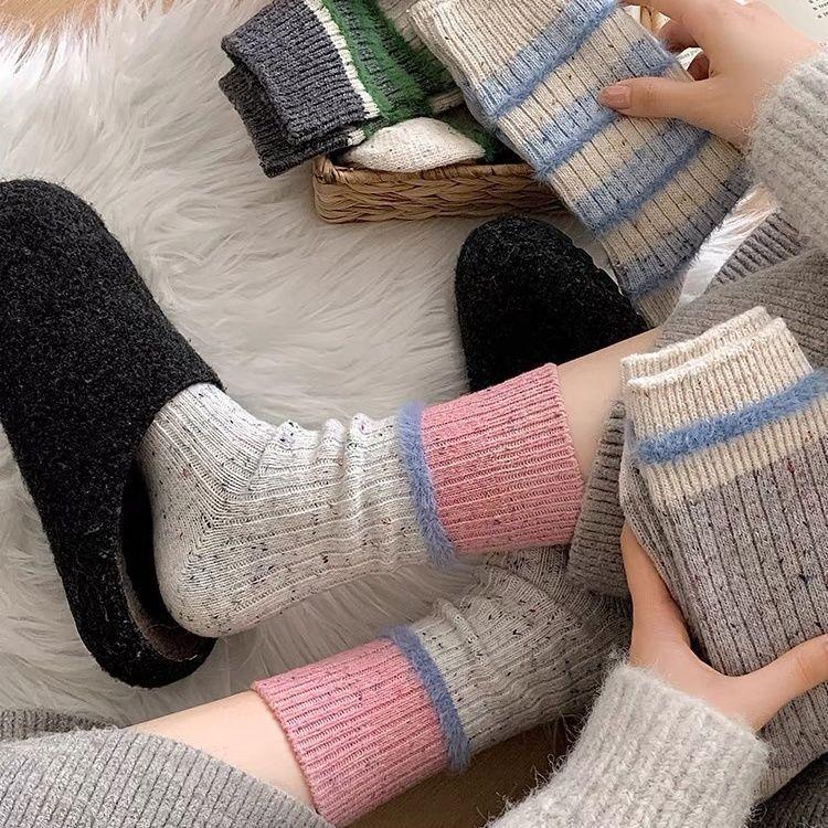 Women's 4PCS Slouch Fit Thick Wool Mid-Calf Socks - Korean Ins Style Color-Block Dot Thick Yarn Thermal Socks for Lady Autumn Winter Daily Wear (Sports & Outdoor Use)