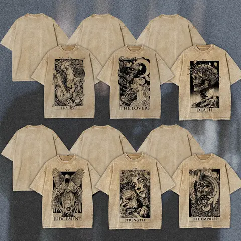 Women's Vintage Tarot Card Graphic T-Shirt - Oversized Short-Sleeve Casual Top, Washed Combed Cotton, USA-Made, Ribbed Round Neck, Streetwear Style Day Top, Shortsleeve, Fabric,back to school,back to school shopping, Everyday