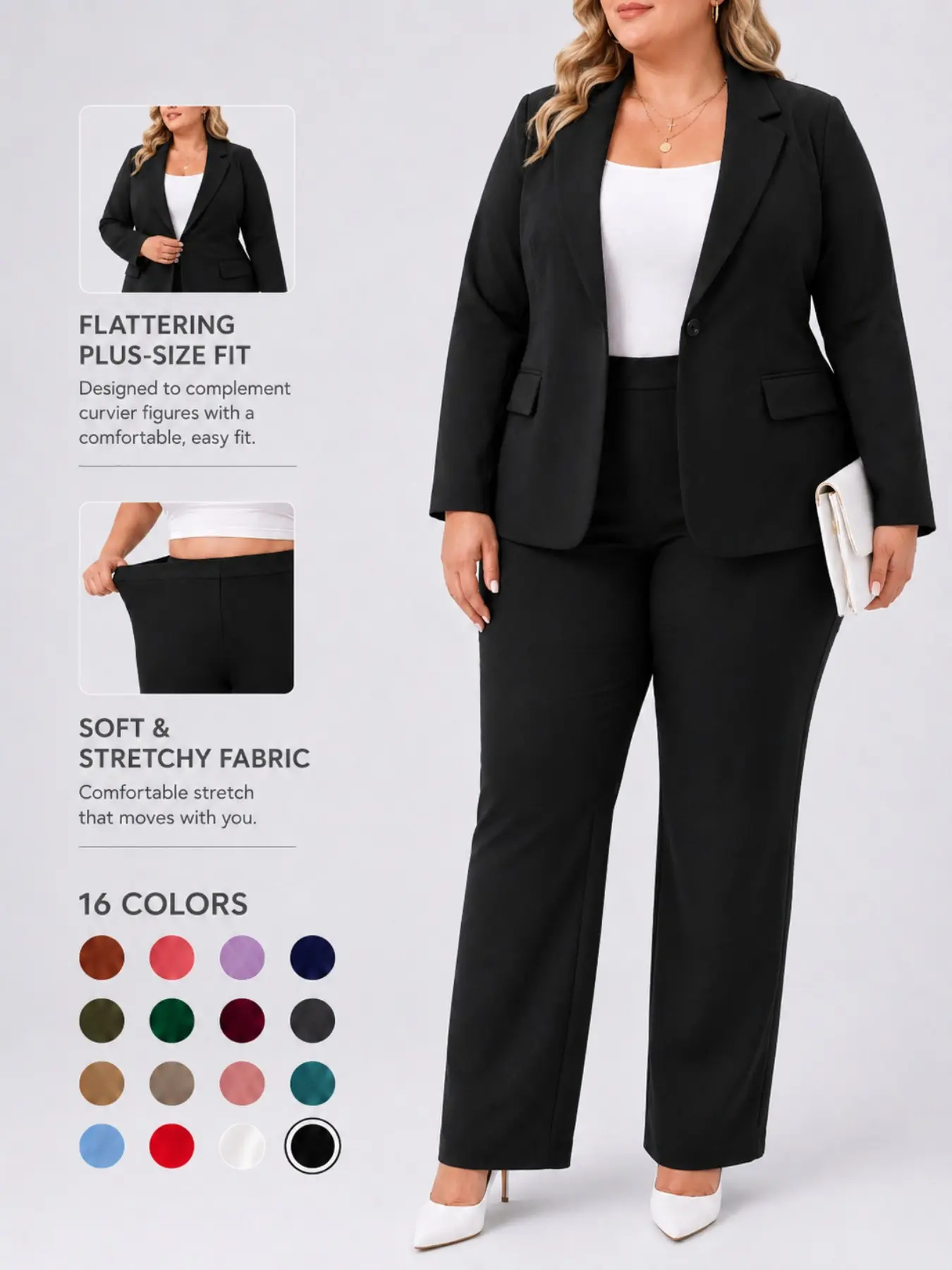 Plus Size Women’s 2 Piece Suit Set, Solid Lapel Single Button Blazer Jacket with Straight Leg Pants, Soft Stretch Workwear Outfit for Office, Business Casual and Commuting