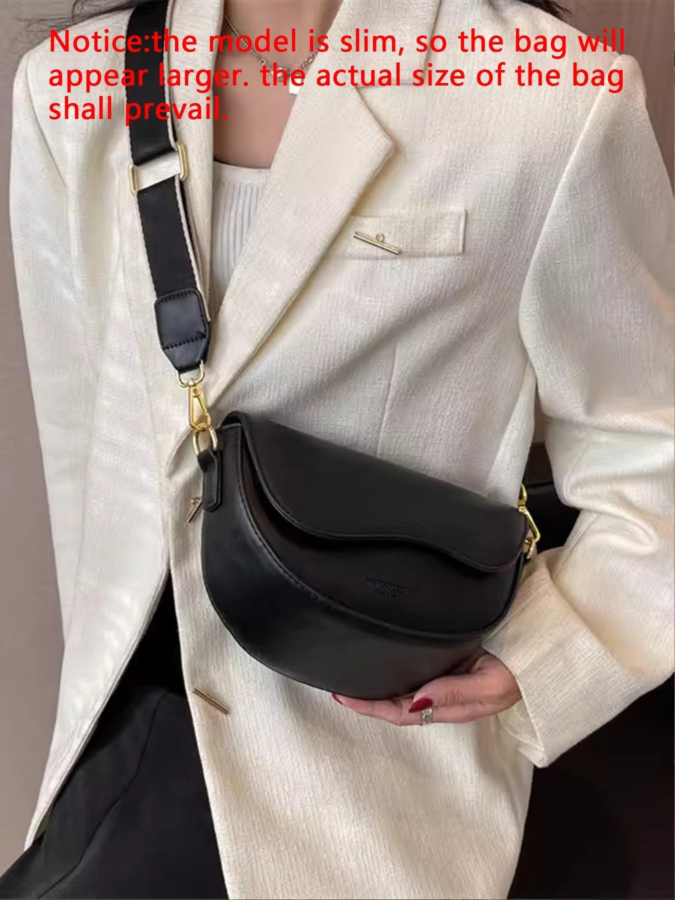 Women's Retro Solid Color Saddle Bag, Wide Shoulder Strap Messenger Bag, Fashionable Classic Popular Shoulder Bag, Suitable for Daily Outing