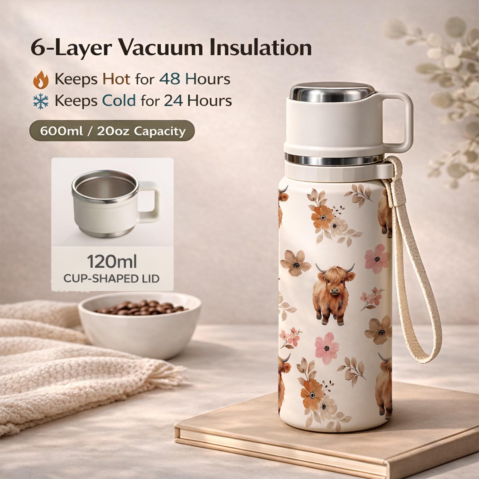 600ml Highland Cow Floral Insulated Water Bottle, 316 Stainless Steel Thermos with Handle & Strap, 48H Hot 24H Cold Leakproof Flask for Coffee Tea, Reusable Travel Tumbler for Outdoor Camping Hiking, Cute Aesthetic Gift for Women Girls
