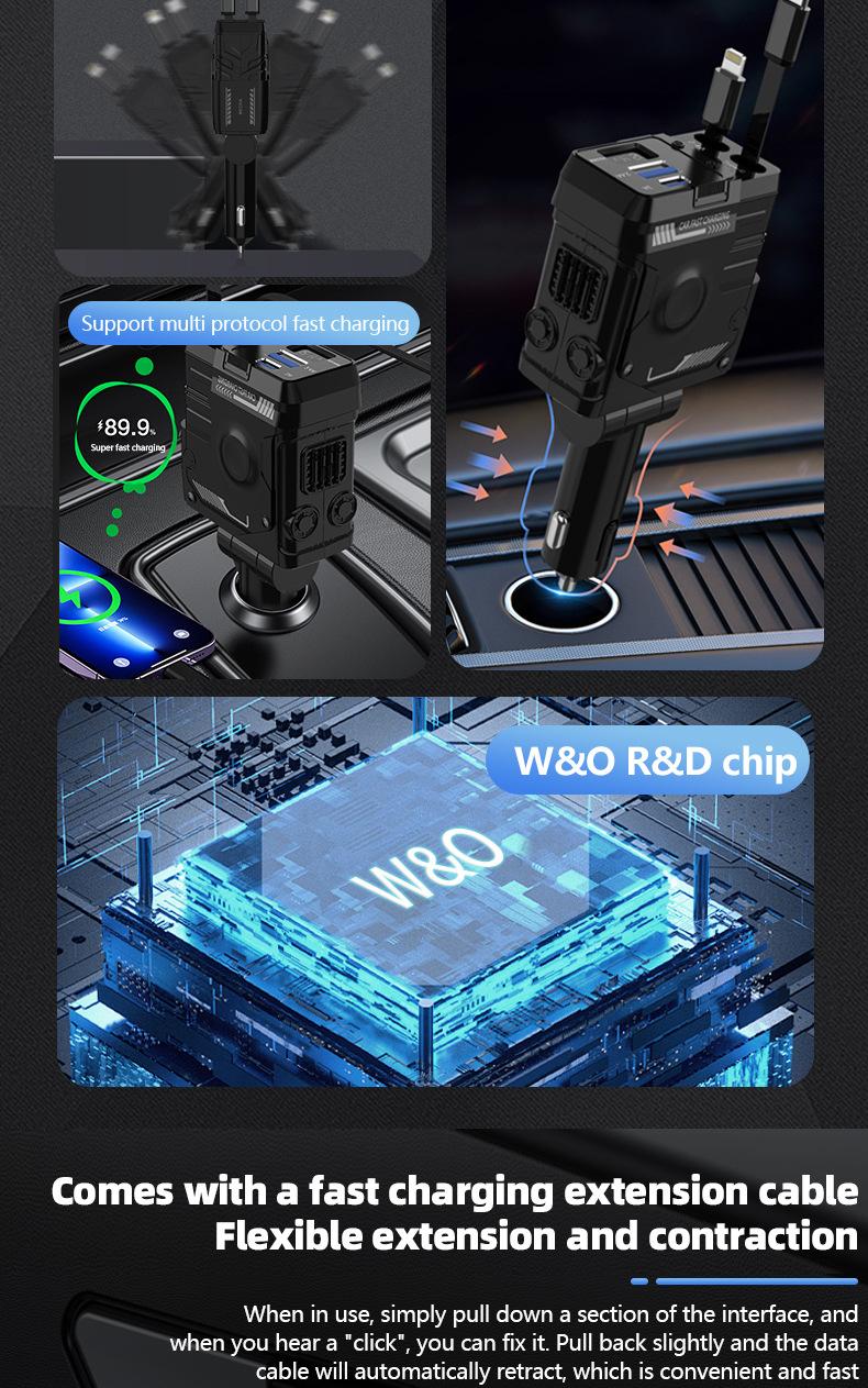 Joytutus 120W Retractable Car Charger 4-in-1 Fast Charging for iPhone Samsung iPad with 2 USB C Cables Type-C Output 5V/3A USB-A 5V/2.4A 12V-24V Devices