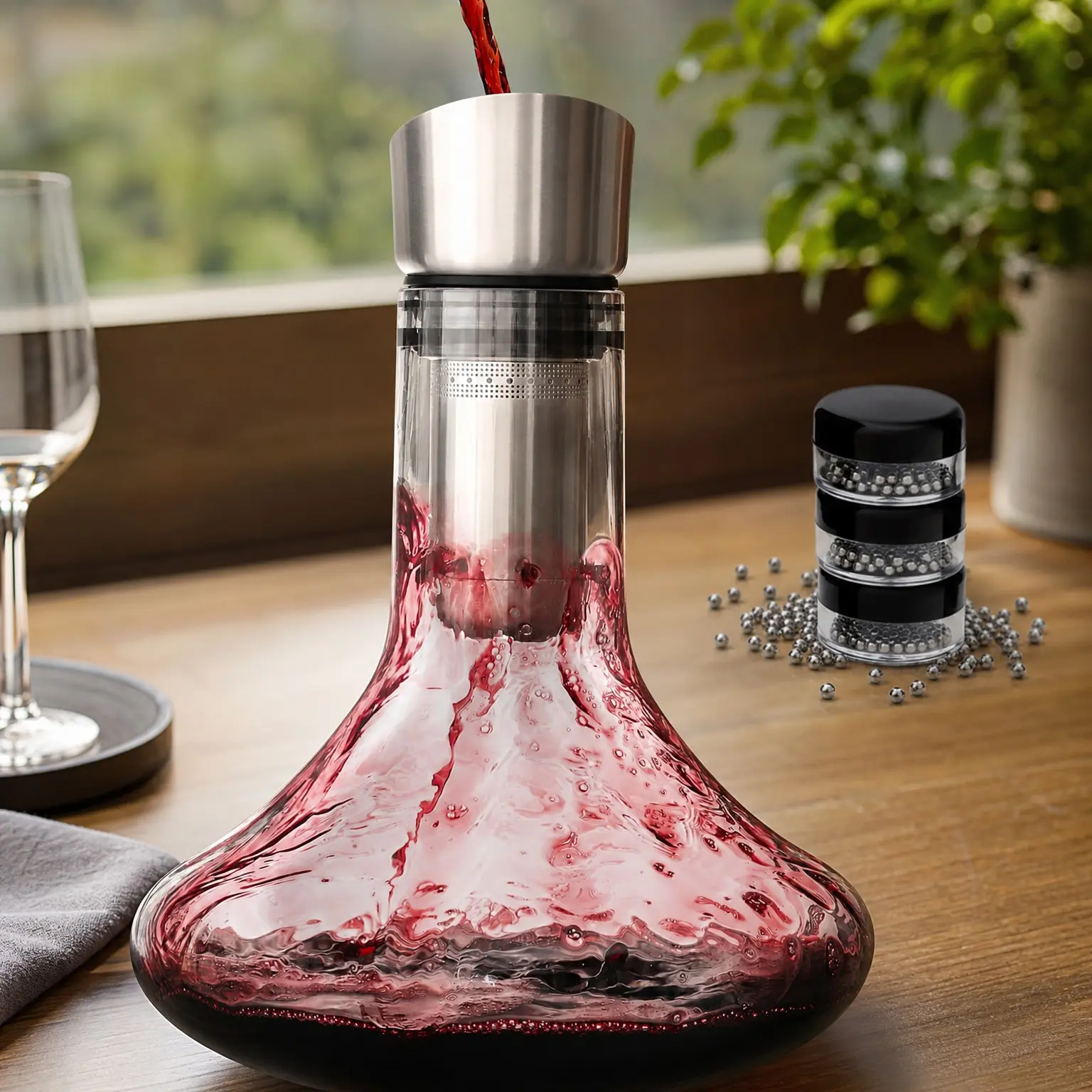 Crystal Wine Decanter with Aerator Pourer - Premium Hand-blown Lead-free Glass Wine Decanter Set for Red Wines - Carafe with Lid Filter for Smooth Pouring - Stainless Steel Spout Included