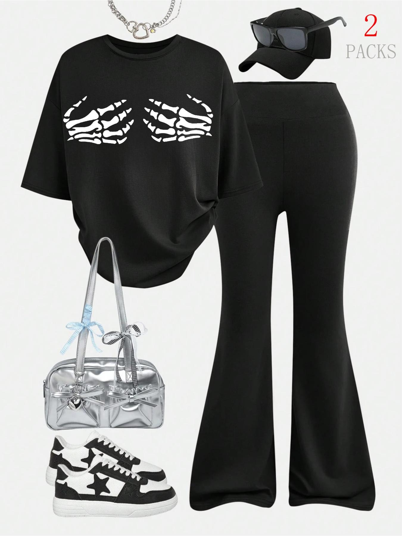 Women's Loose Casual Round Neck Short Sleeve Top, Slim Fit Bell Bottoms, Skull Print, Perfect for All Seasons, Shopping, Travel, Outdoor Sports