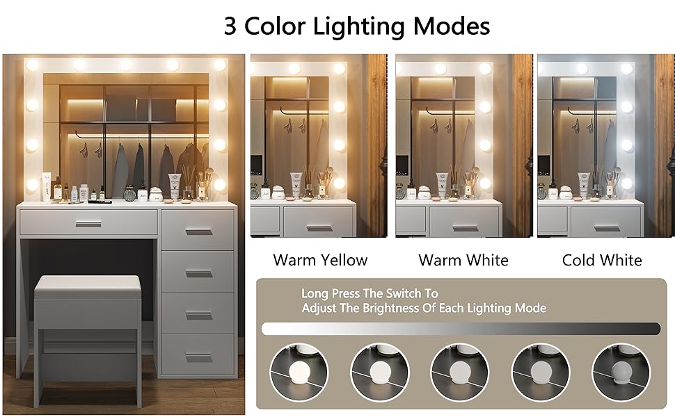 FUSOU 37"W 5 Drawers Vanity Desk with Power Outlet, Makeup Table with Lighted Mirror, 3 Color Lighting Modes,Vanity Table Dressing Table Set tabitha modern power outlet