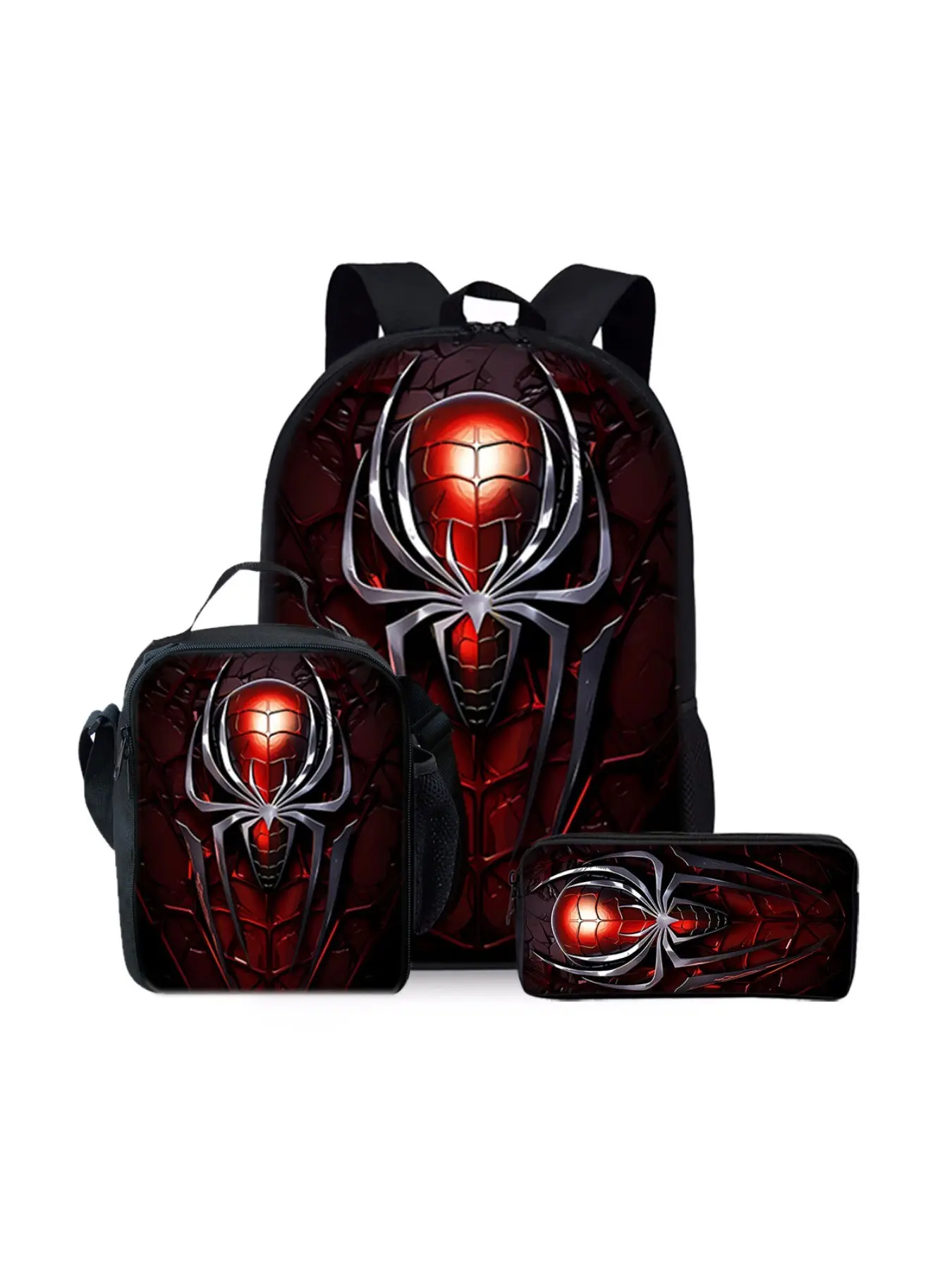 Spider pattern printed 17-inch backpack three-piece set (single-layer backpack + shoulder strap lunch bag + single-layer pencil case) Backpack Combo