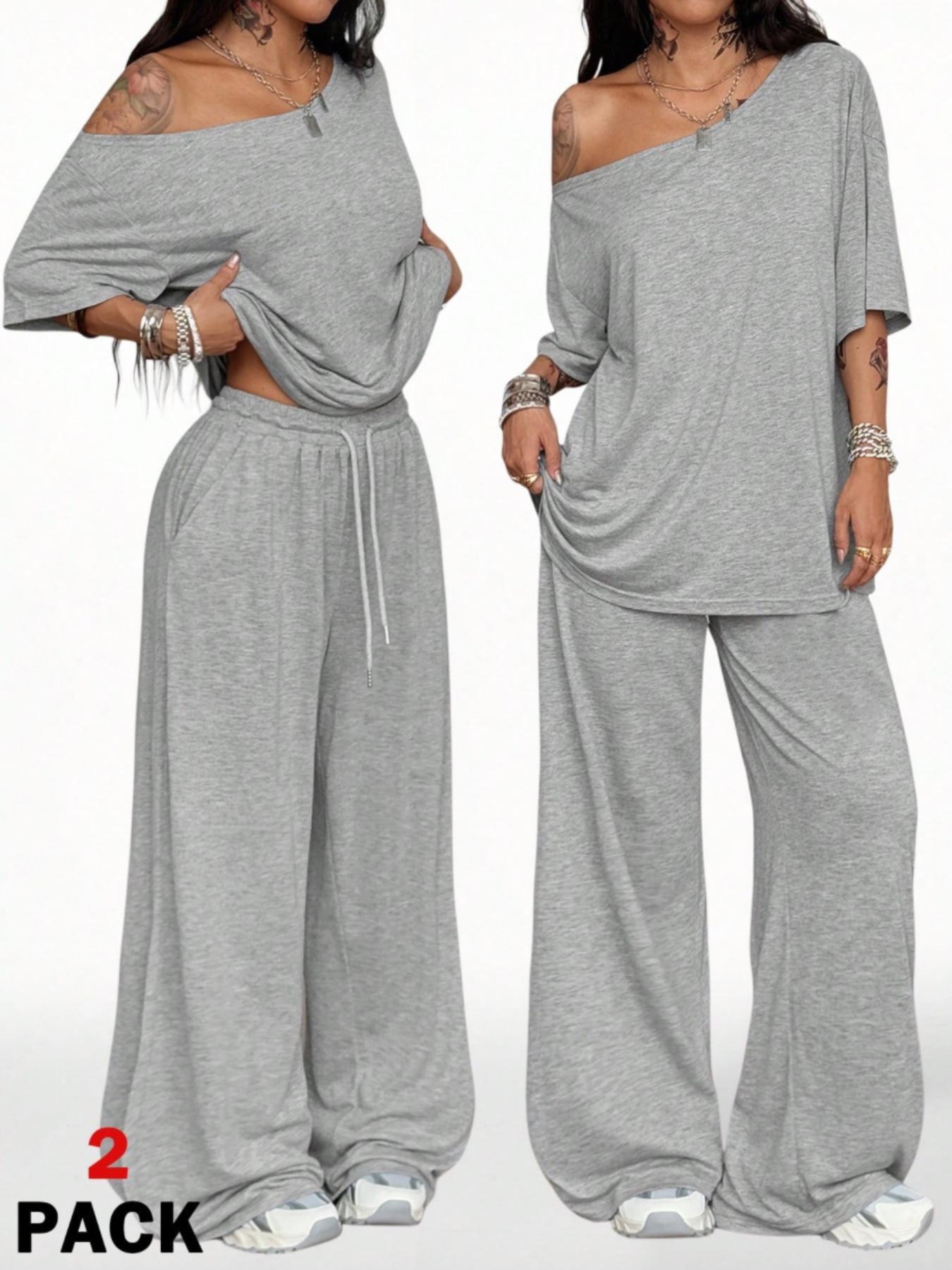 2pcs/Set Women's Minimalist Basic Daily Wear Going Out Sport Comfortable Off Shoulder T-Shirt And Wide Leg Pants Two Pieces Outfits 2pcs/Set Women's Minimalist Basic Daily Wear Going Out Sport Comfortable Off Shoulder T-Shirt And Wide Leg Pants Two Pieces Outfits