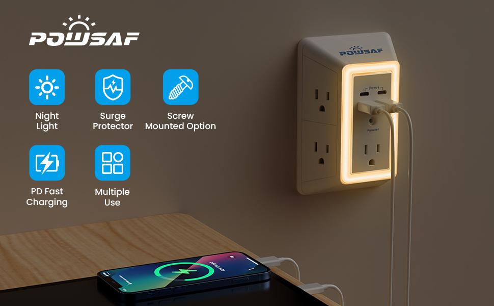 Multi Plug Wall Outlets with Light, Surge Protector Power Strip, 20W PD Fast Charger, POWSAF AC Outlet Extender with 2 USB Type-C 2 USB A Charging Ports (3A Total) 3-Sided Power Strip, Multiple Plug Wall Charger Spaced for Home Travel Office