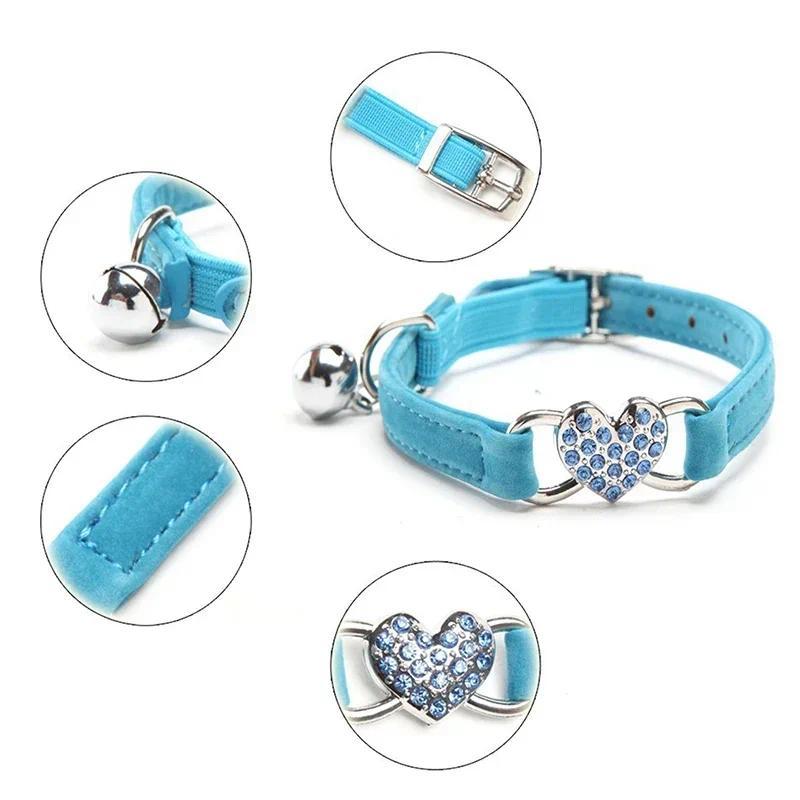 Soft Velvet Pet Collar - 8-Color, with Heart Charms, Bell, Safety Elastic, Adjustable Universal Fit for Small Dogs & Cats