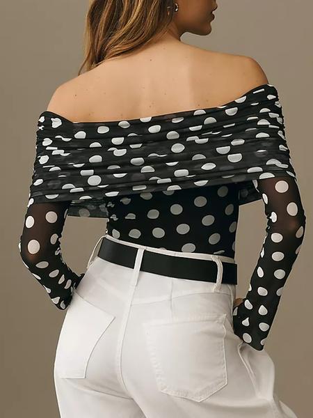 Women's Casual Polka Dot Print off Shoulder Short Top, Fitted Style, Moderate Fabric Thickness, All Seasons Wear Women's Casual Polka Dot Print off Shoulder Short Top, Fitted Style, Moderate Fabric Thickness, All Seasons Wear