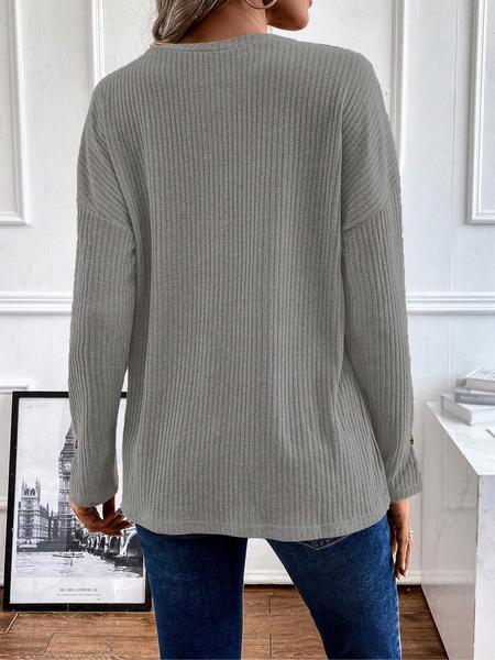 Women's Solid Color Drop Shoulder T-Shirt, Split Hem Design, Comfortable Casual Long Sleeve Top, Half Button Rib Knit,  Perfect for Daily Wear
