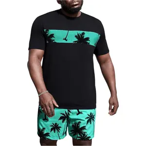 Men's 2 Piece Boho Outfit Tree Print Tee Shirt with Beach Shorts Set